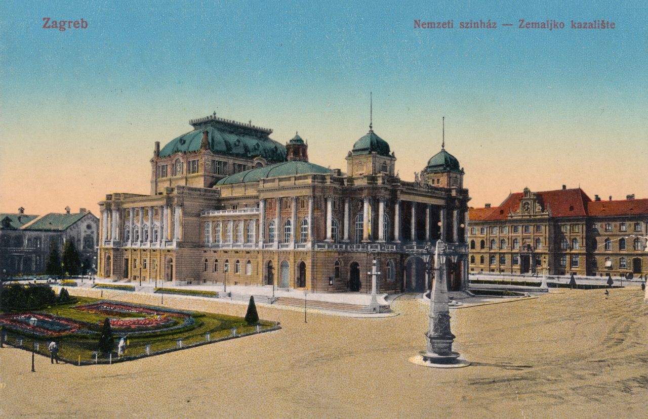 Sveučilišni trg (današnji Trg Republike Hrvatske), Hrvatsko narodno kazalište oko 1905.-1910. godine